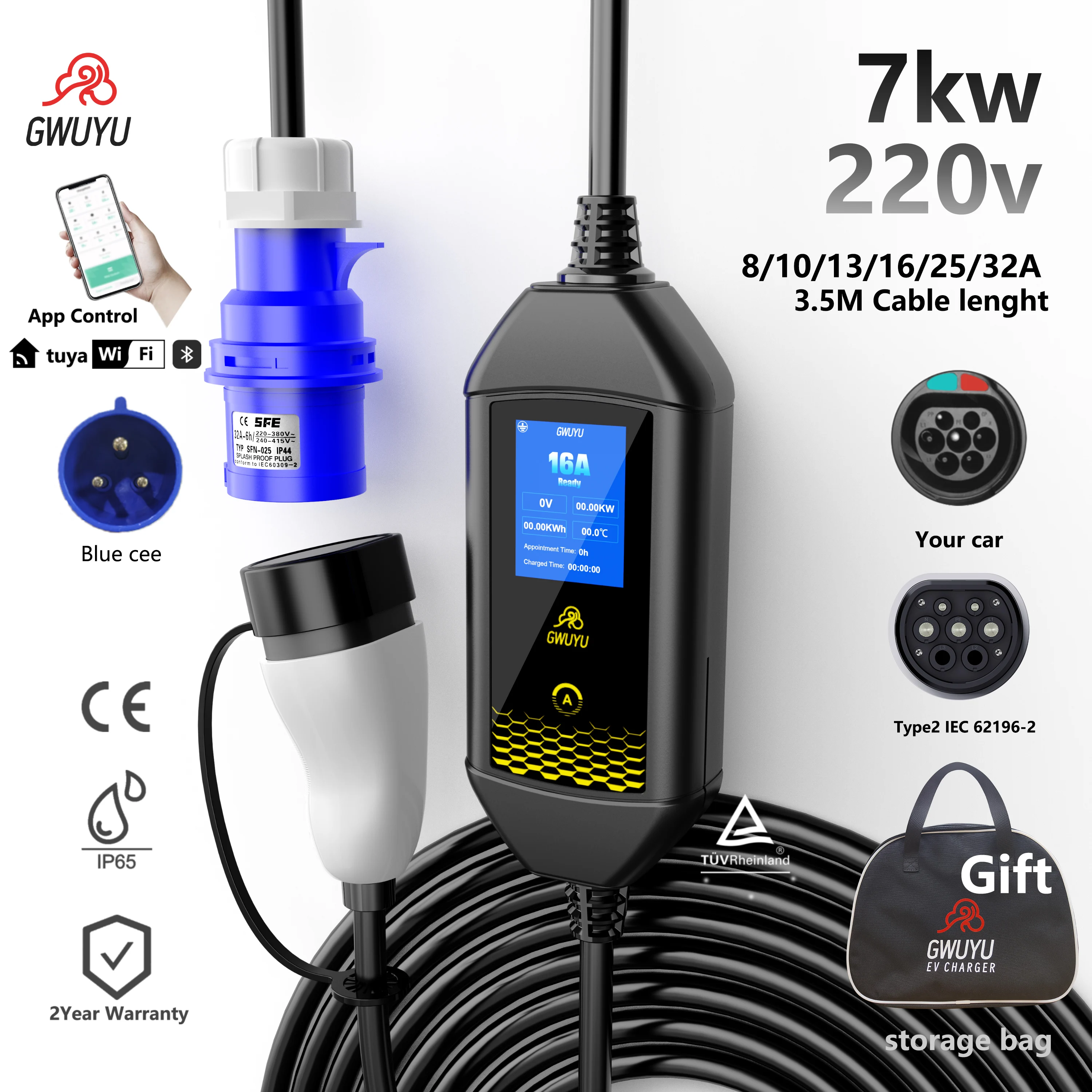

GWUYU 32A 7.6KW Portable EV Charger Wallbox Type2 Cable EVSE Charging Box Wi-Fi Bluetooth APP Control For Electric Vehicle