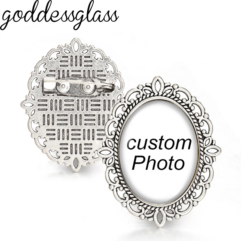 Personalize Custom Vintage Hollow Oval Brooch Photo Logo Silver Plated/Bronze For Family Anniversary Collar 18x25mm Oval Pins