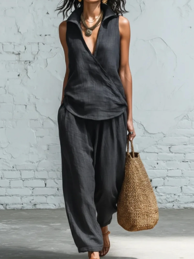 

Casual Sleeveless Summer Women's Suit Sexy Turn-down Collar Wrap Blouse High Waist Wide Leg Pants Set Spring Vacation Outfit