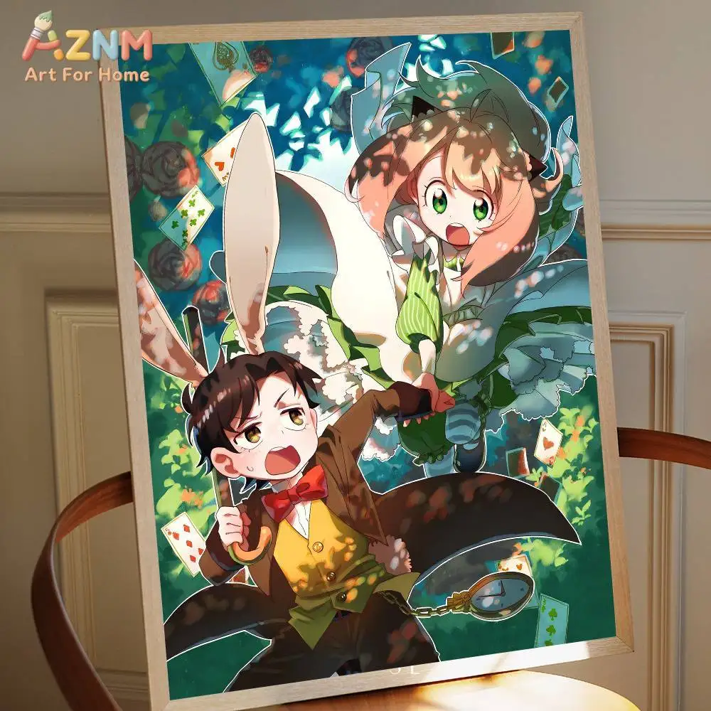 AZNM Spy x Family Anya Forger Damian Alice in Wonderland - Lienzo sin marco para pared - Póster de ilustración de crossover de anime, Fantas