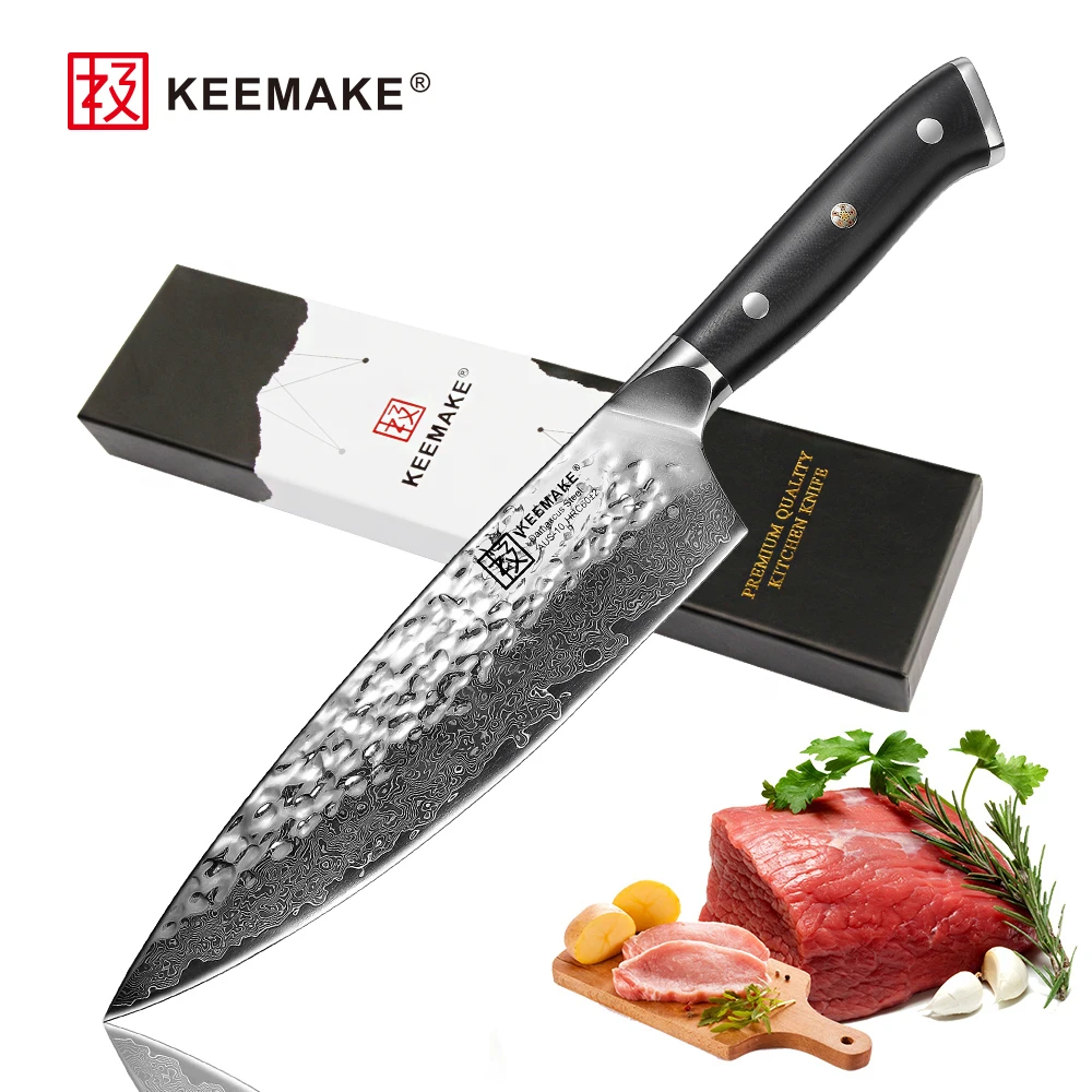 KEEMAKE Damascus Chef\'s Knife 8 Inch Ultra Sharp Vegetables Meat Cutting Knife High Carbon AUS-10 Damascs Steel Kitchen Slicer