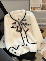 Women's White Cardigan Luxury Sweater Harajuku Vintage Korean Y2k Long Sleeves Bow Cashmere Sweaters Jumper 2000s Clothes 2024