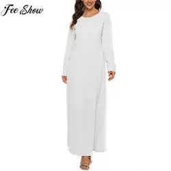 Womens Solid Color Islamic Arabian Dress Round Neck Long Sleeve Muslim Prayer Long Robes Loose Basic Dress for Casual Wear