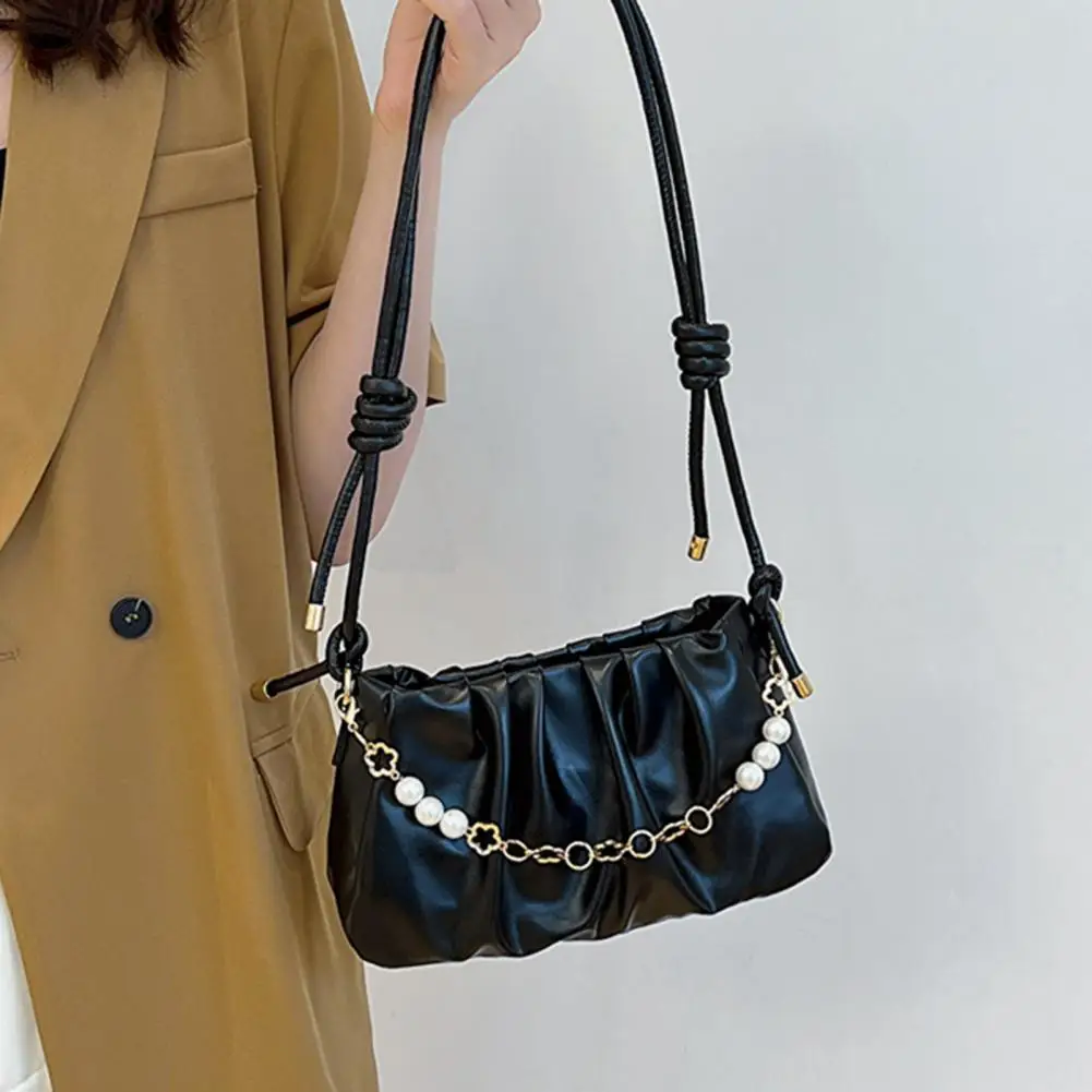 Women Underarm Bag Stylish Women's Shoulder Bag Faux Leather Chain Bead Decor Adjustable Strap Smooth Zipper Closure Sleek