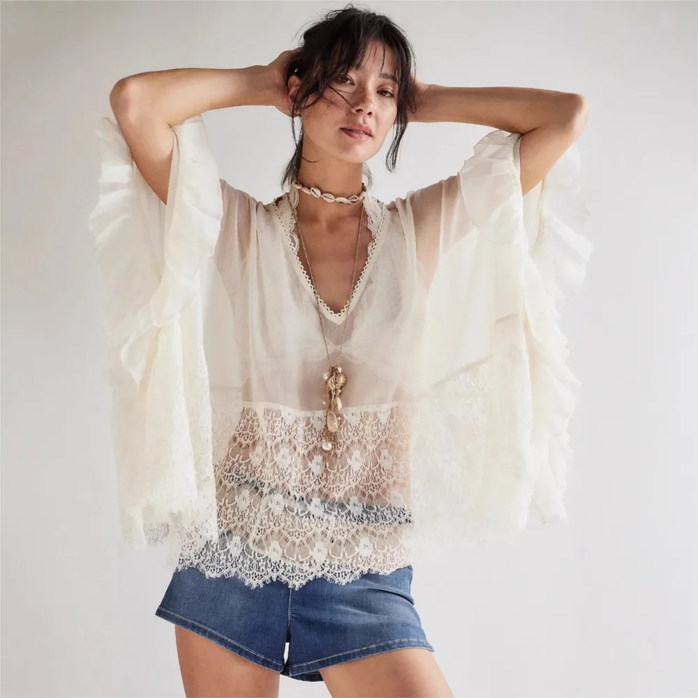 Loose Blouse For Woman Shirts Long Sleeve Tops Women's Clothing Lace Mesh Dolman Sleeve Perspective Holiday Vacation Beachwear