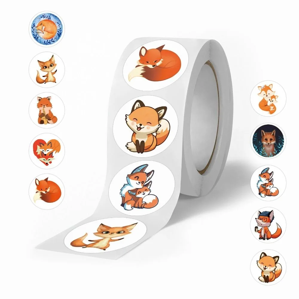Cute Fox Stickers Self Adhesive Round Cartoon Fox Sticker Roll Creative Reward Stickers for Party Decorations,Envelopes Card