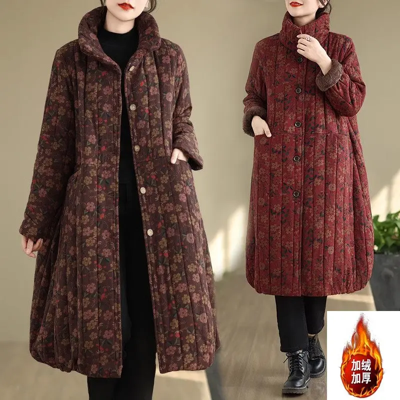 2024 Winter New Large Size Cotton Coat Casual Floral Warmth Loose Medium Length Vintage Fleece Jacket For Women Overcoat k2670