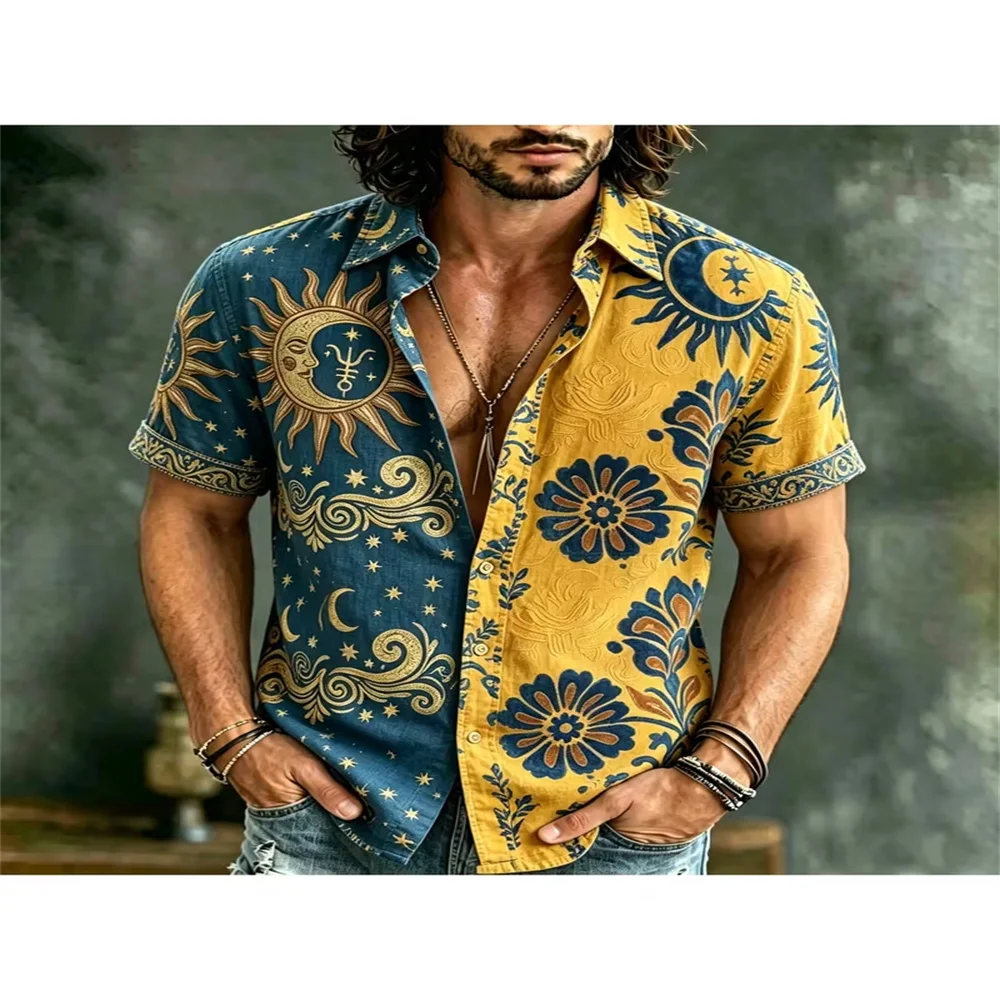 Men Vintage Red Black Cat Sun Moon Star Print Shirt Boho Lapel Short Sleeve Button Up Shirts Summer Casual Loose Hawaiian Shirts