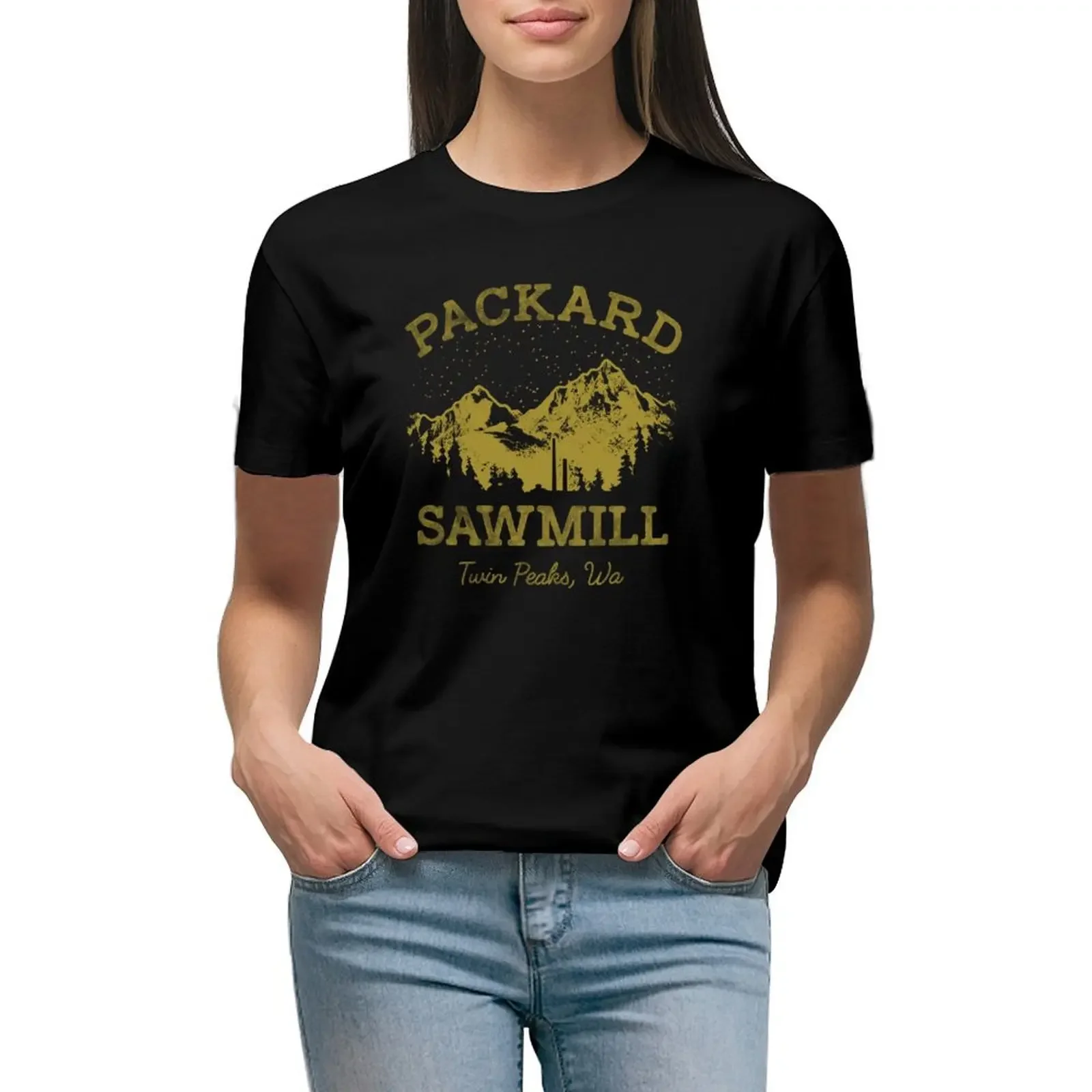 

Twin Peaks Packard Sawmill Distressed Retro Vista Logo T-Shirt quick drying sports fans black t shirts for Women