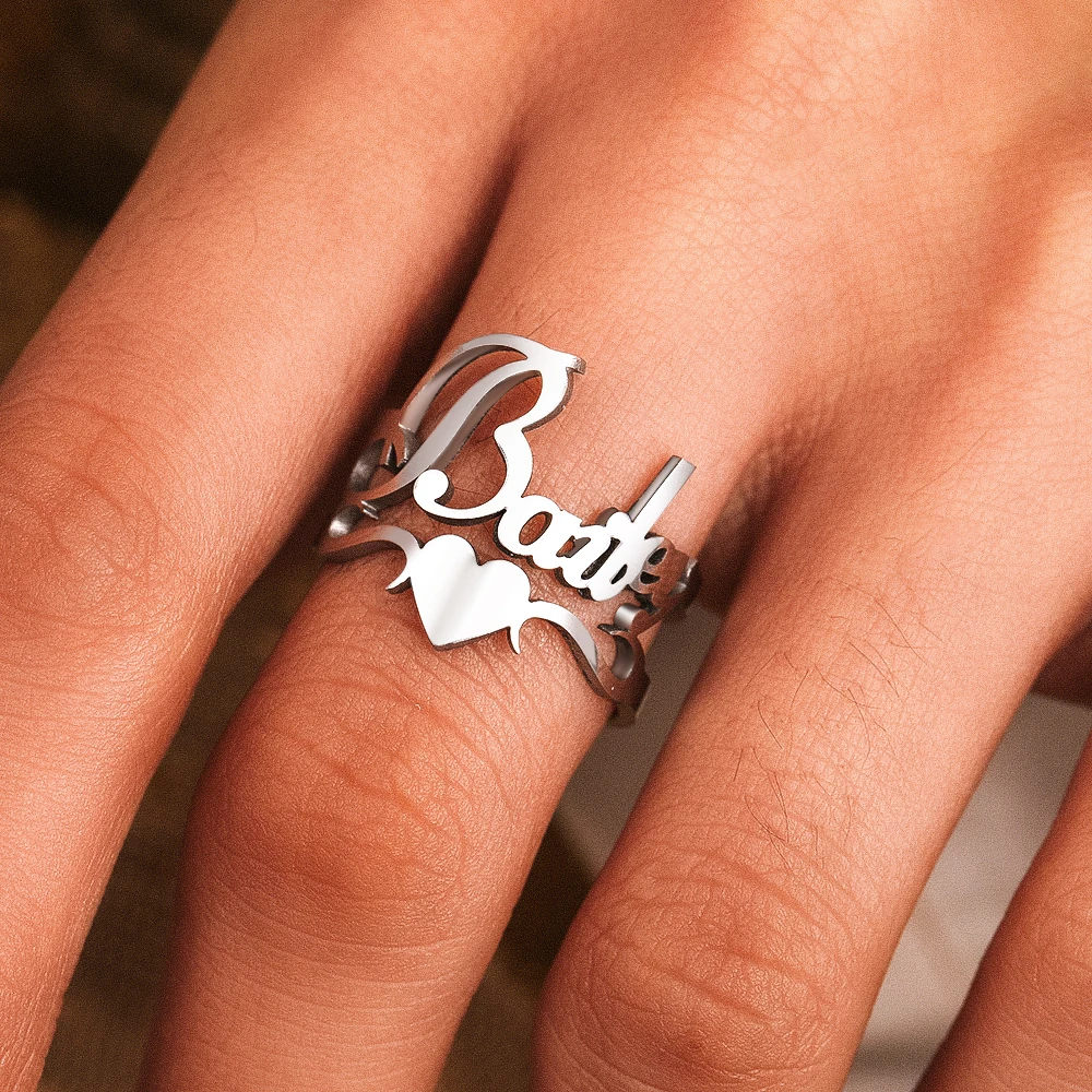 

Personalized Customized Name Rings Stainless Steel Heart Shaped Nameplate Rings Women's Romantic Jewelry Anniversary Gifts