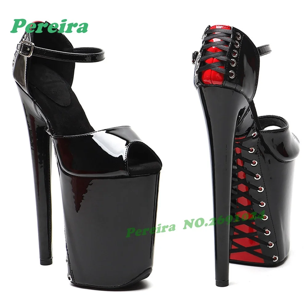 

Black Patent Peep-Toe Platform Stiletto Heels with Red Lace-Up Detailing Pole Dance Ankle Strap Sandals Nightclub Performances