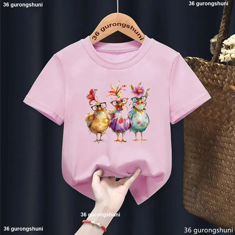 Lovely Chicken Flowers Printed T Shirt Girls Funny White Pink Kids Clothes Harajuku Kawaii Children'S Clothing T-Shirt