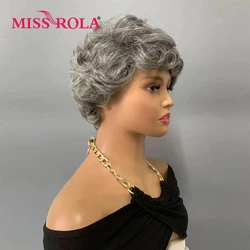 Miss Rola Wavy Pixie Cut Wigs 100% Human Hair Whole Machine Made Gray And Black Highlight Wig With Bangs Brazilian Remy Waves