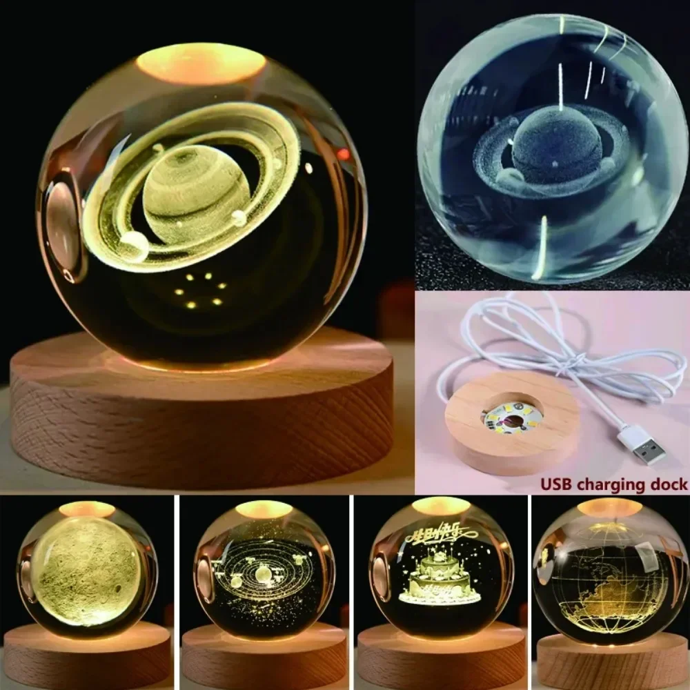 6cm 3D Crystal ball Crystal Planet Night Light Laser Engraved Solar System Globe Astronomy Birthday Gift Home Desktop Decoration