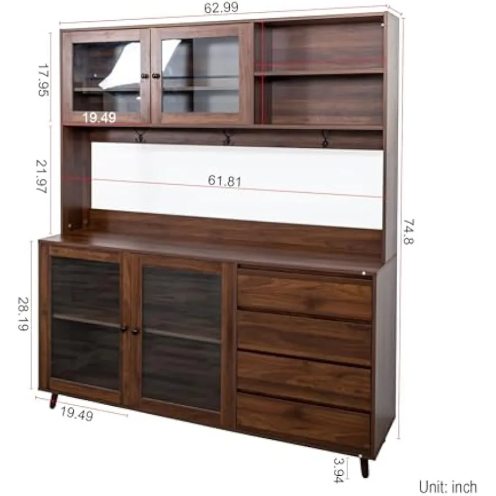 Large Kitchen Hutch Cabinet, Freestanding Pantry Cabinets Storage Kitchen Cupboard with 4 Doors, 4 Drawers & Microwave Shelf