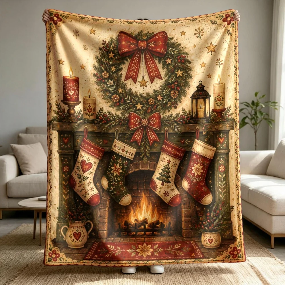Vintage Christmas Fireplace Stocking Wreath Candle Fleece Throw Blanket Soft Warm Lightweight Blanket for Sofa Couch Bed Retro
