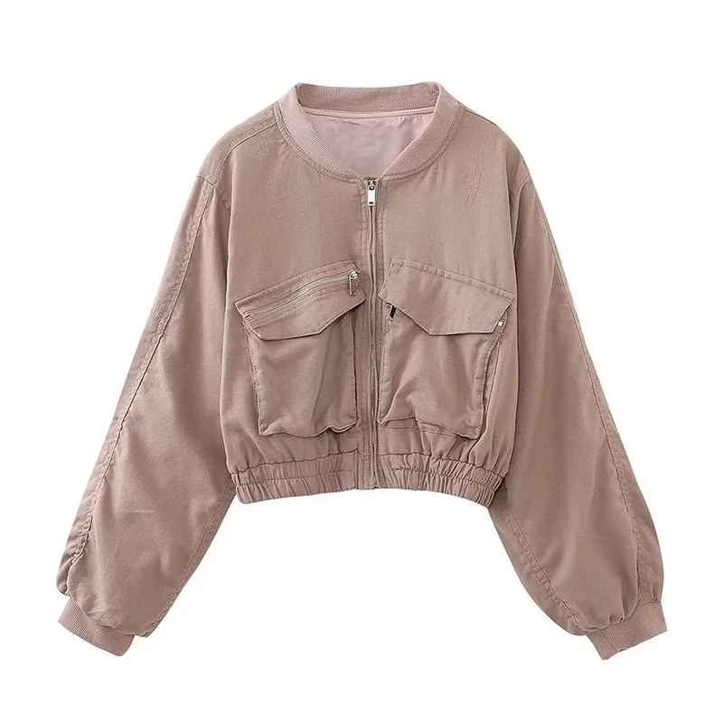 

Autumn 2023 Women Long Sleeve Round Neck Patch Pockets Crop Bomber Jacket Coat