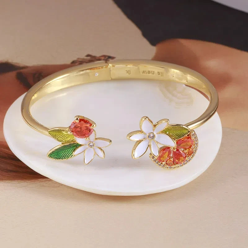 

Trendy Sweet Forest Light Luxury White Daisy Flower Orange Cubic Zirconia Lemon Charming Bracelet, Trend Bangle for Office Lady