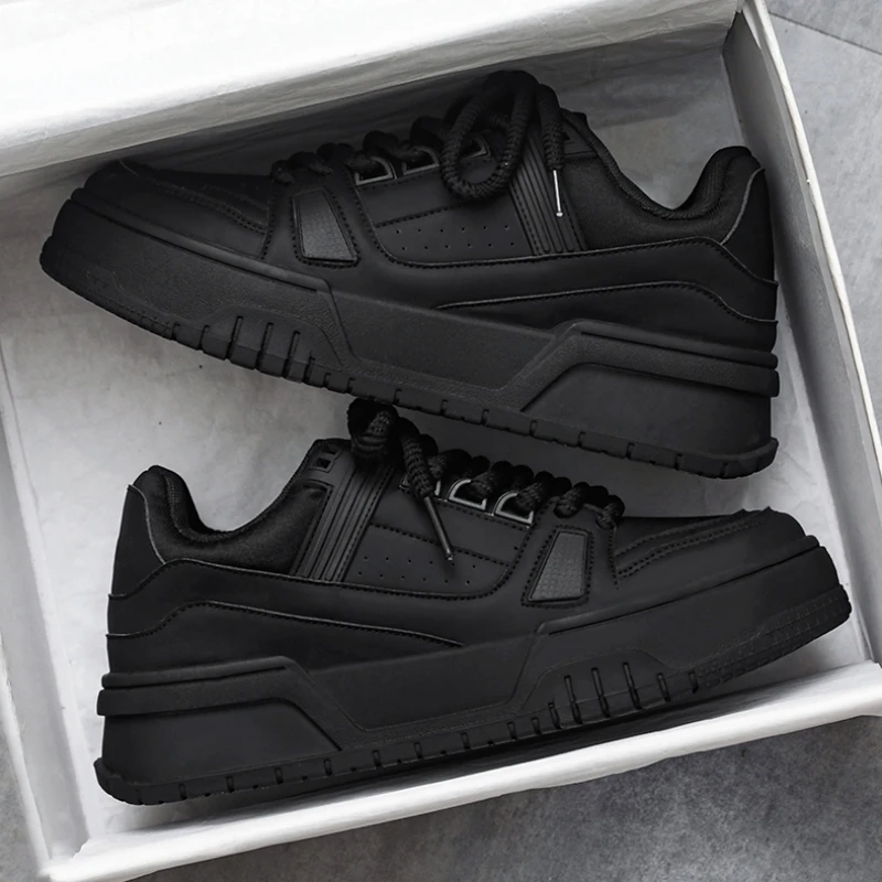 

Men's Sport Work Shoes Spring Casual Black Leather Surface Waterproof Anti-slip Thick Bottom Heightening Fashionable Sneakers