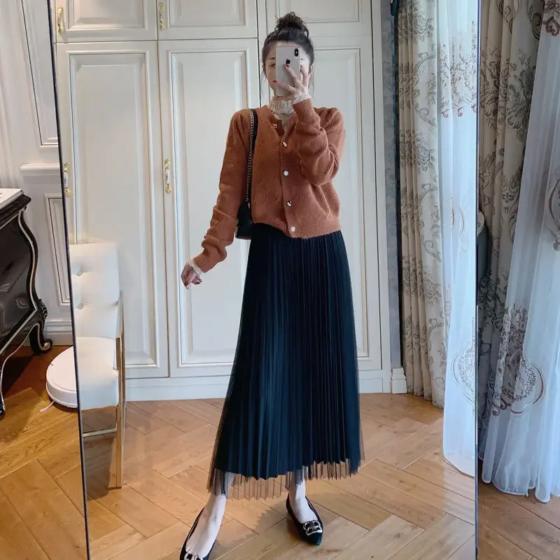 

Юбки женские до щиколотки, простые однотонные марлевые плиссированные элегантные универсальные корейские ампирные женские милые весенние новые модные уютные 2025