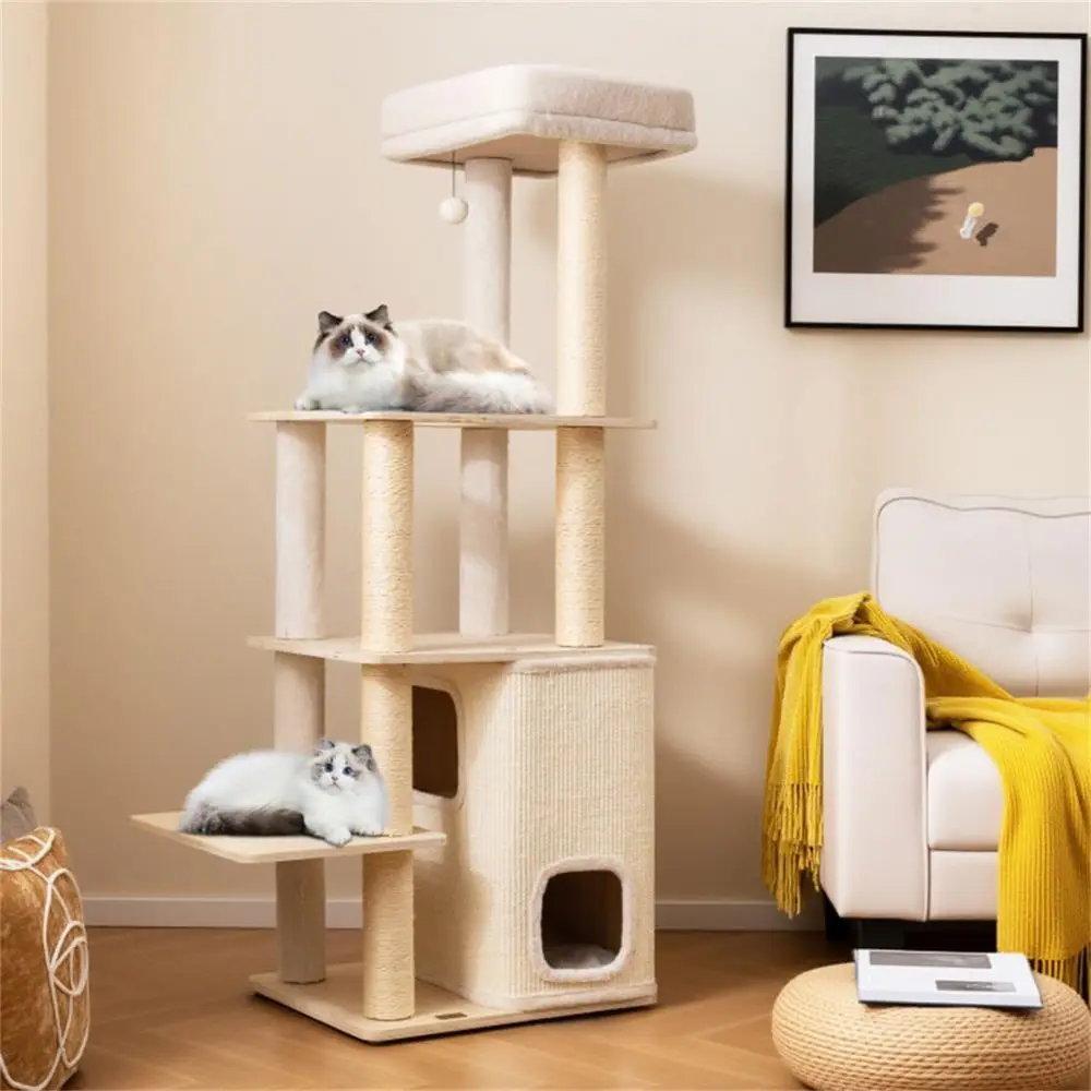 

Multi-Level Wooden Cat Tower with Cozy Condo, Scratching Posts, and Plush Platforms
