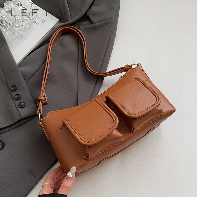 

LEFTSIDE 2025 Summer Double Pockets Small PU Leather Handbags and Purses Women's Underarm Bag Simple Shoulder Crossbody Bags