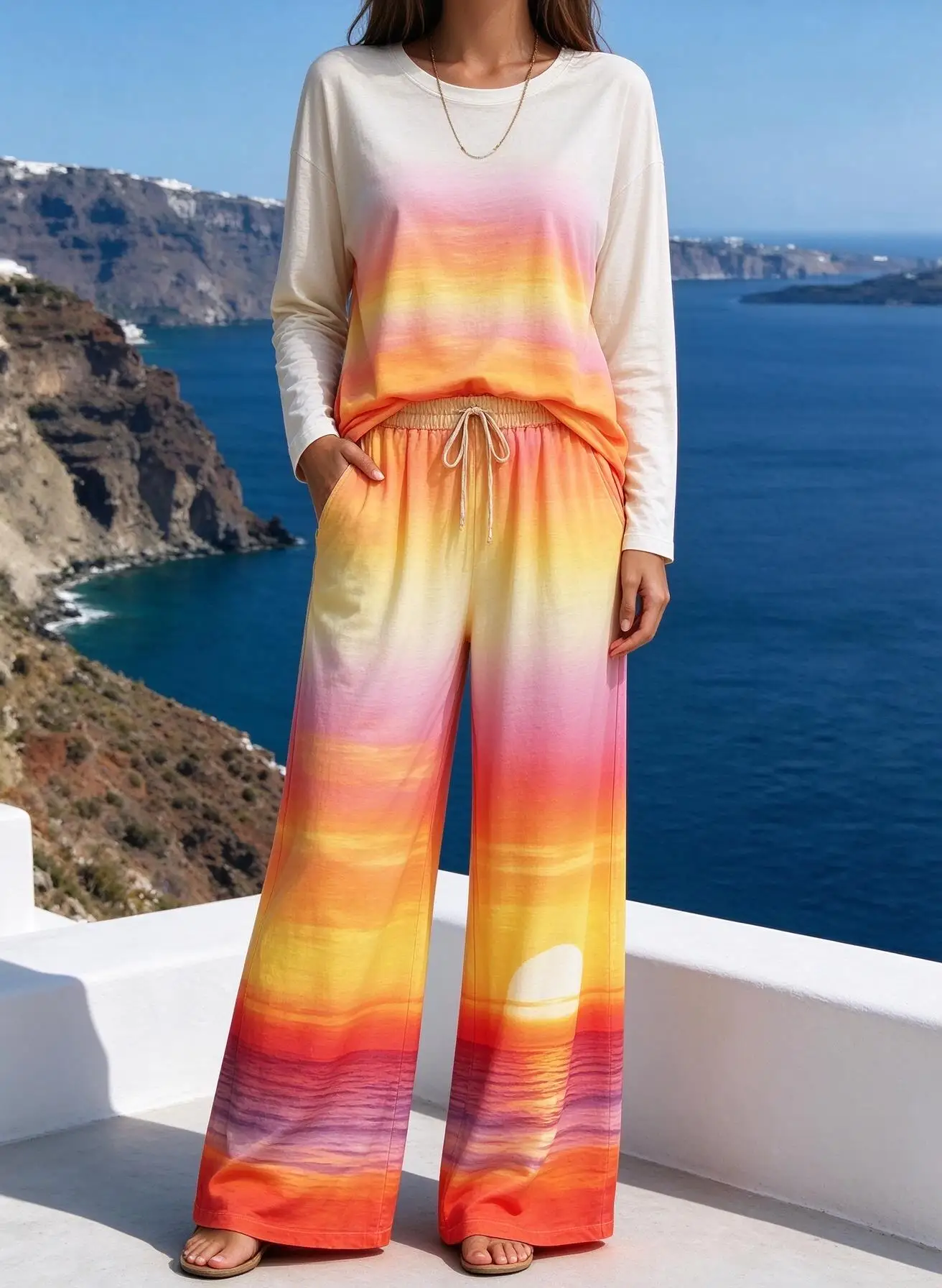 Women Imitation Cotton Pajama Set Sunset Ocean Gradient Print Round Neck Long Sleeve 2PCS Sleepwear Loungewear