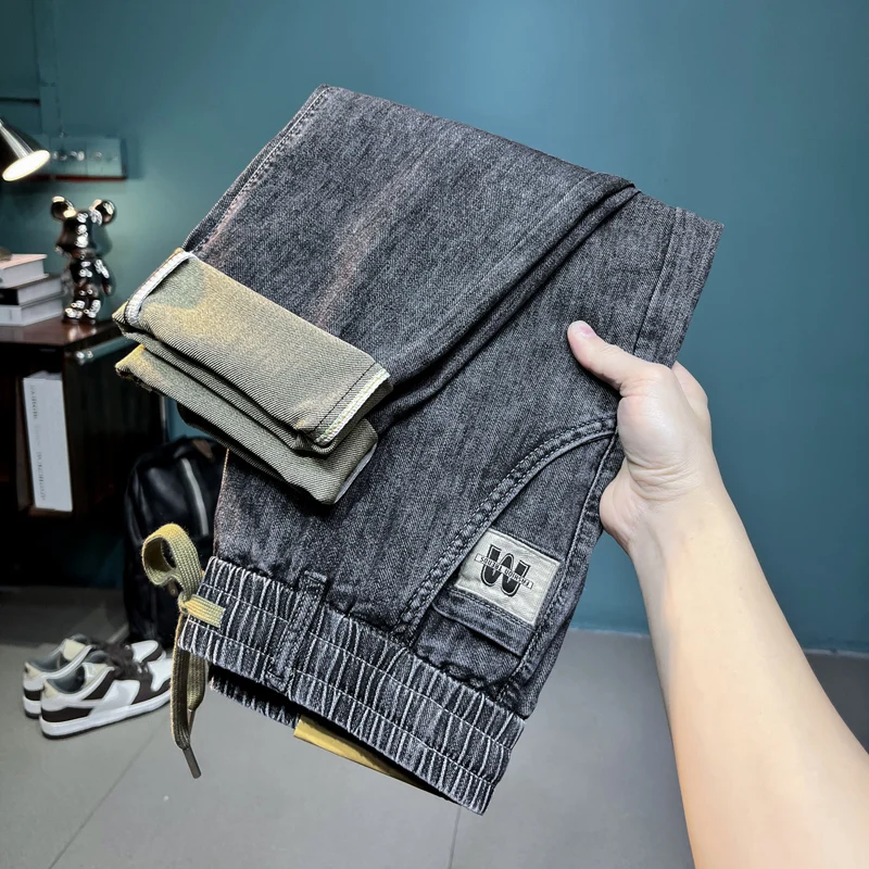 Spring and Summer Jeans Men's Trendy High Street Slim Fit Skinny Fashion Street All-Match Stretch Casual Crop Jeans
