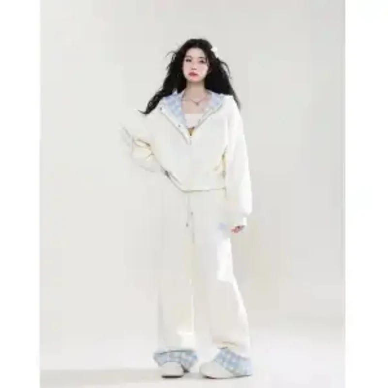 

Lazy Style Sweet Loose Plaid Casual Hooded Cardigan Sweatshirt for Women 2025 Autumn Coat and Casual Pants Suit