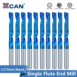 XCAN 10 adet 3.175 sap mavi kaplamalı tek flüt CNC Router Bit Tungsten karbür Spiral frezeler freze kesicisi/2/2 5/3.175mm