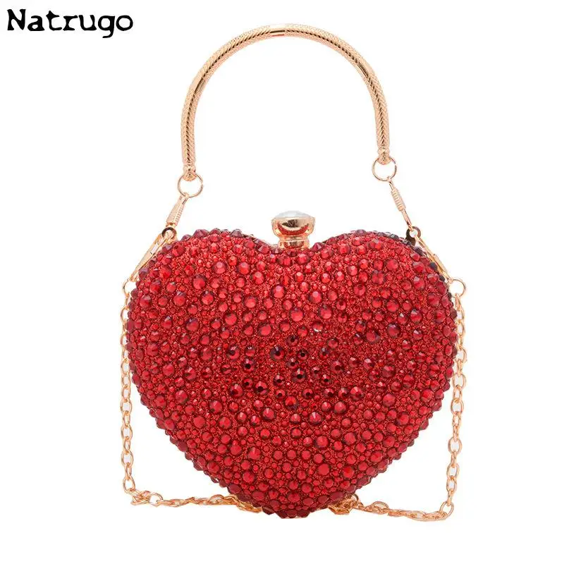 Pochette di cristallo a forma di cuore con intarsio di diamanti di lusso, pietre, borse da sera, borsa a tracolla per festa di nozze, pochette con