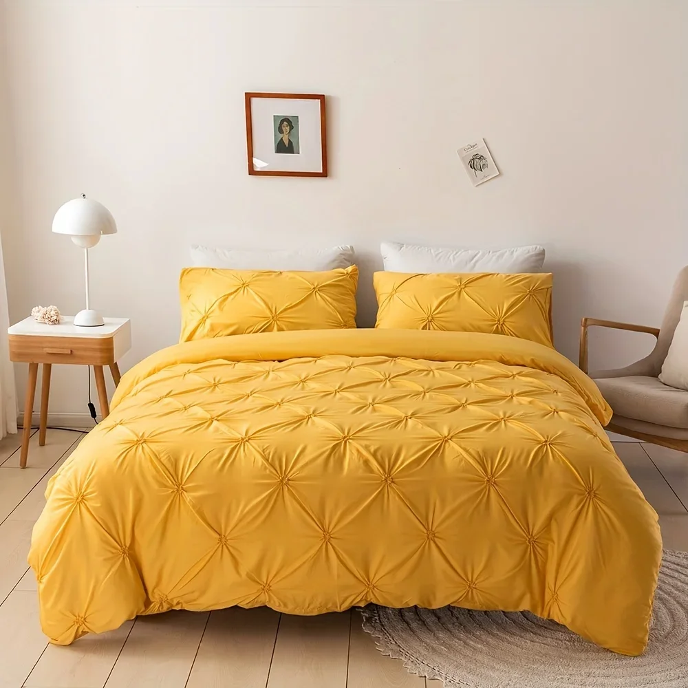 3D Buttoned Pleated Quilt Cover Set 100% Polyester Fabric Soft Skin-friendly Duvet Cover and Pillowcases Solid Color Bedding Set