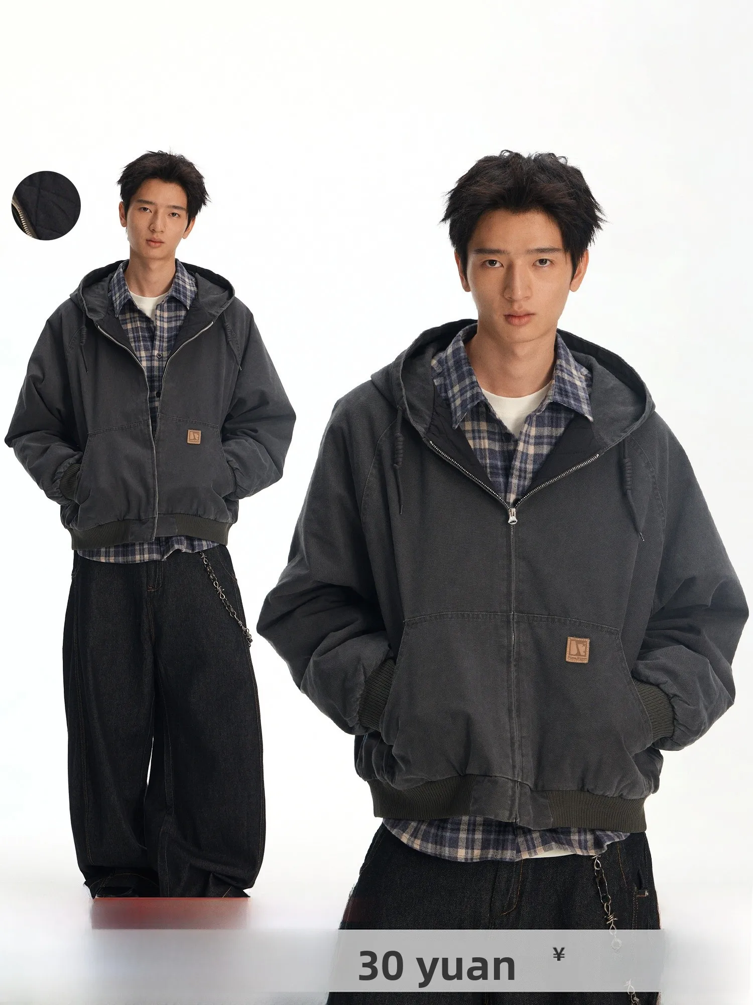 

NewJNXS Men's Cotton Jaet with Leather Tag Loose Fit Waed out Hood Winter Coat with Large kets Casual Street Sle