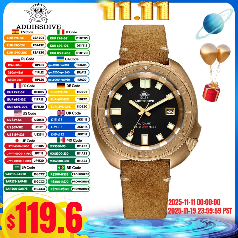 

ADDIESDIVE AD2104 Men Watches Abalone Shell CUSN8 Bronze Case C3 Super Luminous 200m Waterproof NH35 Automatic Watches