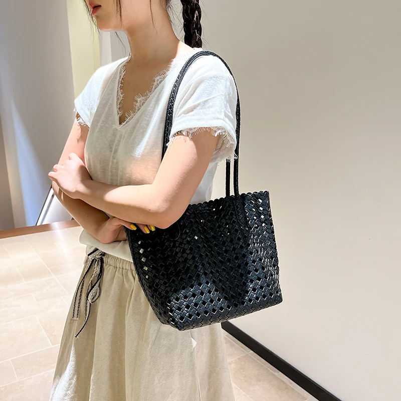 Women 2 Piece Woven Shoulder Bag Set Large Tote Bag with Small Underarm Purse Beach Holiday Casual Daily Commuter Handbag