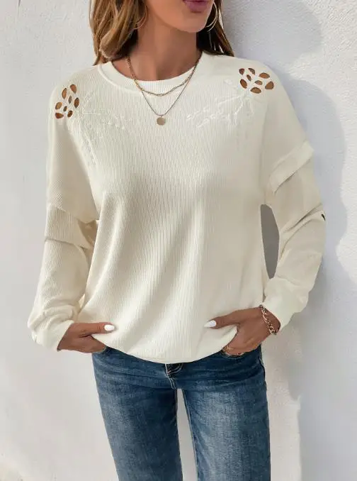 

2025 Autumn/Winter New Casual Simple Elegant Embroidered Hollow Flower Pattern Long Sleeve White Hoodie