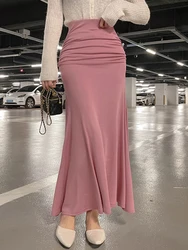 Faldas de satén para mujer, faldas de cintura alta, línea A, elegante, rosa, Midi, nuevo estilo coreano, verano, 2024