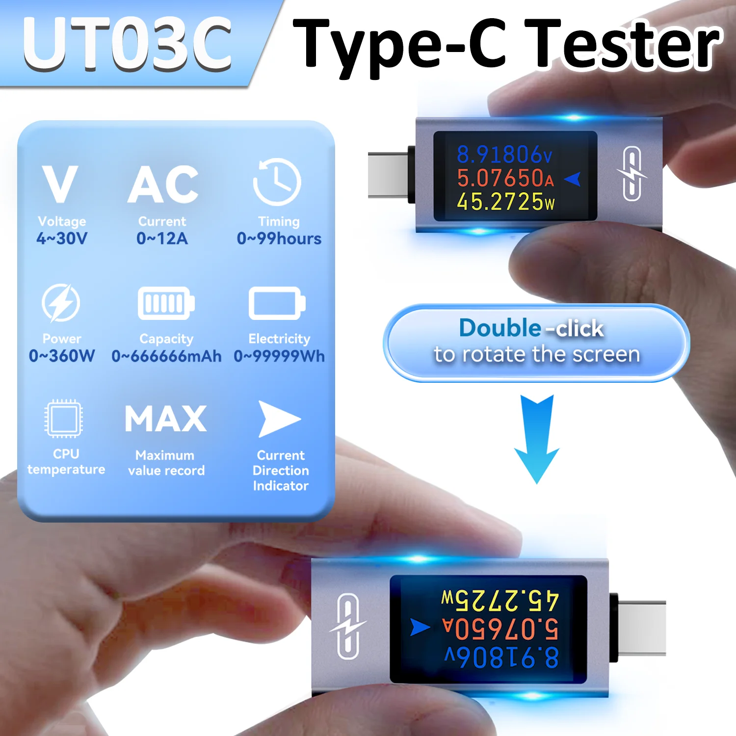 

UT03C Тестер Type-C с цифровым дисплеем, амперметр постоянного напряжения, измеритель мощности 4 ~ 30 В, 0 ~ 12 А, тестер емкости быстрой зарядки с записью емкости