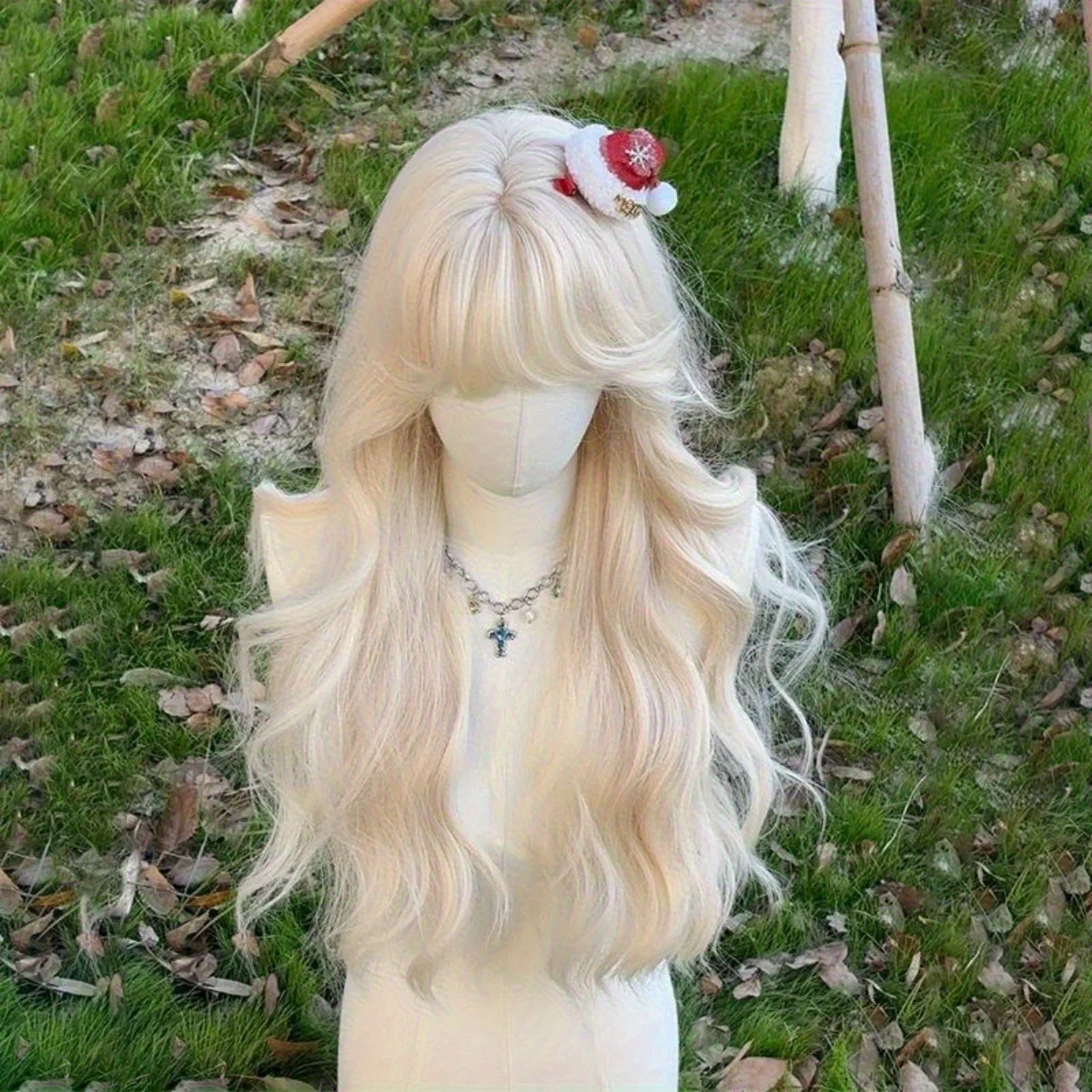 Lolita wig white-golden long hair naturally styled full head covering style with fluffy waves  long curly hair with bangs women