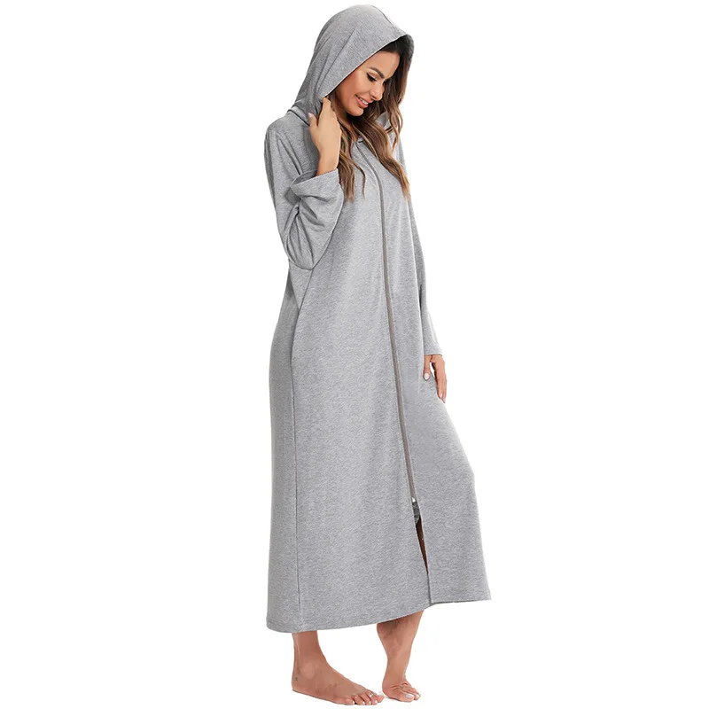 

Autumn Robe Solid Sleepwear For Female Long Bathrobe Women Hooded Long Sleeve Spring Ladies Dressing Gown Zipper Oversize