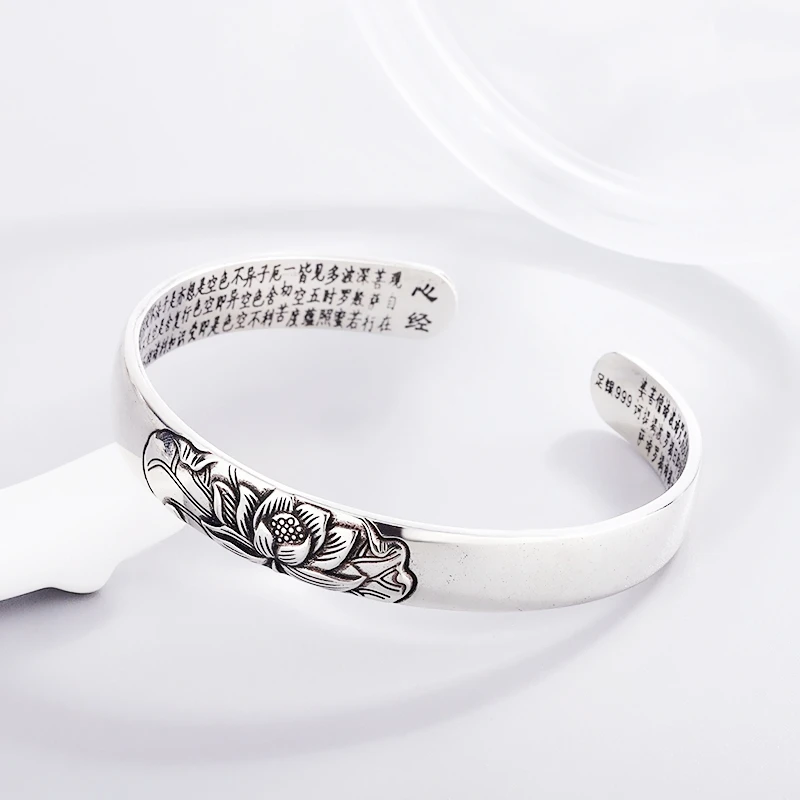 Braccialetti ridimensionabili femminili in argento sterling 925 con scritture buddiste tailandese vintage di loto BR319