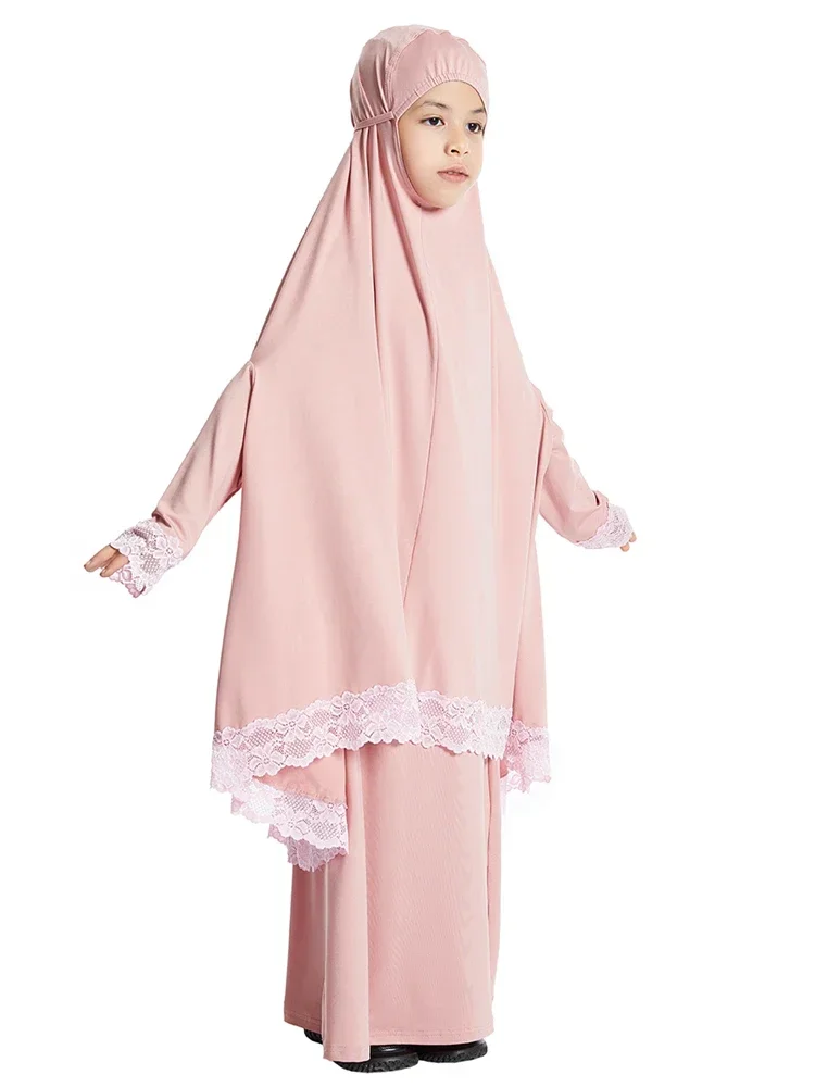 Imagem -05 - Muçulmano Crianças Meninas Hijab Vestido Ramadan Khimar Saia Conjunto Sobrecarga Eid Oração Vestuário Burqa Abaya Robe Kaftan Vestido com Capuz Jilbab