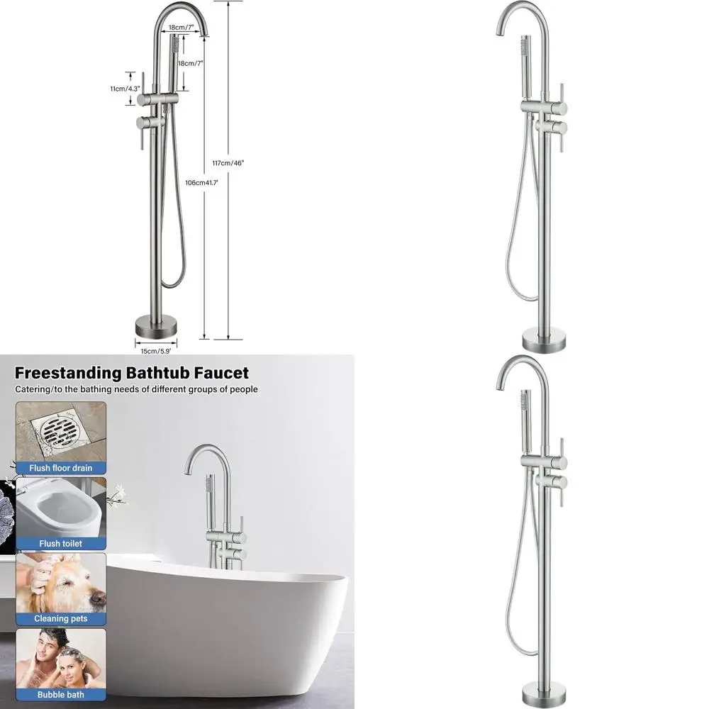 Grifo de bañera independiente con llenador de bañera de montaje en suelo, acabado en níquel cepillado, mezclador de ducha de alta y baja presión con ducha de mano y S