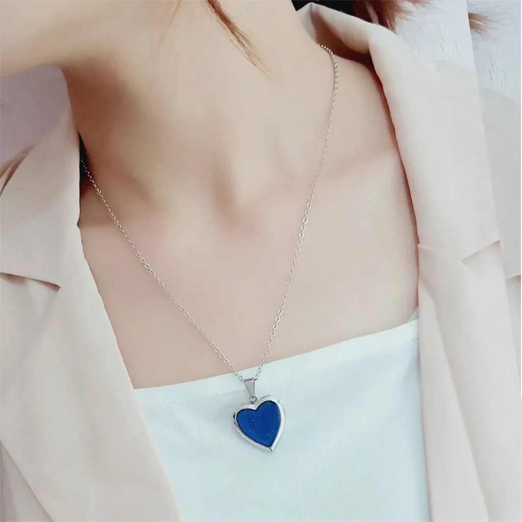 Heart Locket Color Changing Temperature Mood Stainless Steel Love Shape Photo Pendant Necklace Jewelry_maomaolike.com
