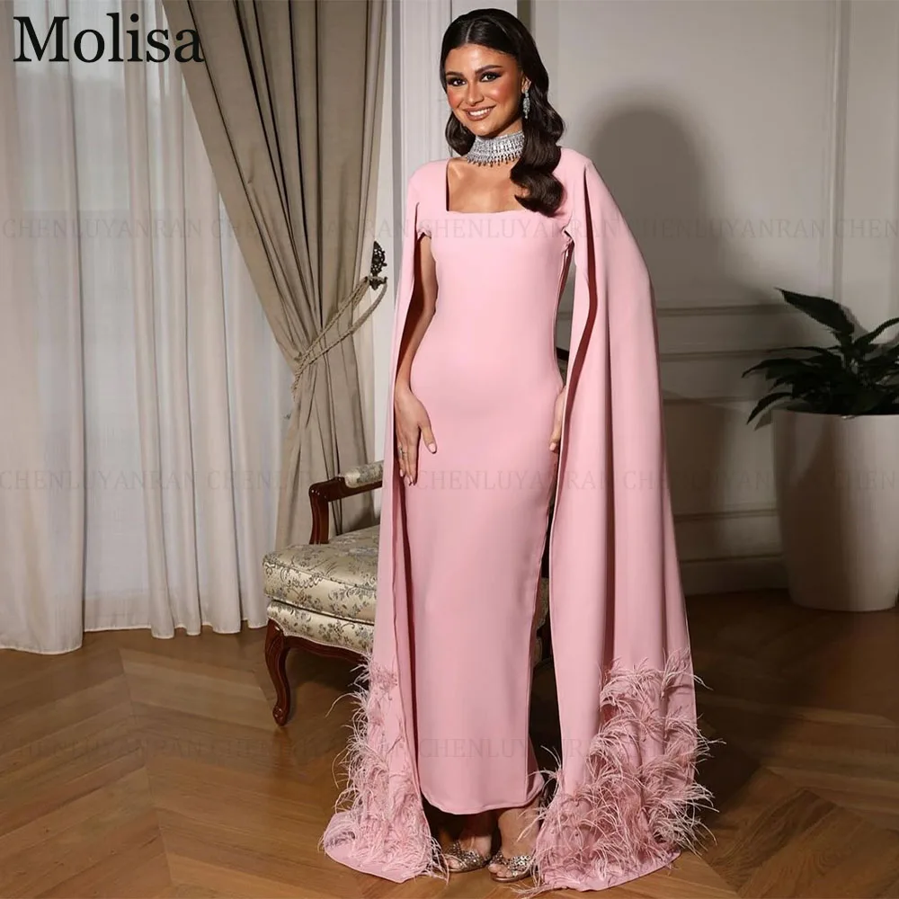 MOLISA Elegant Pink Formal Occasion Dresses 2024 Mermaid Square Collar Feathers Ankle-Length Party Evening Gowns فساتين الحفلات