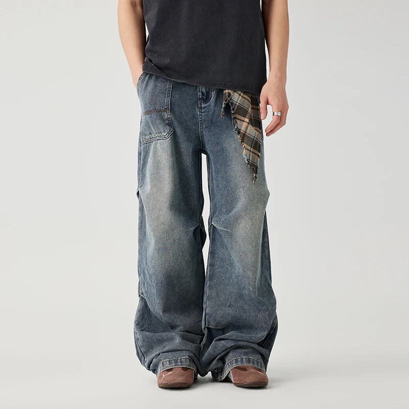 

Folds Cargo Jeans Men Women Double Pleated Streetwear Hip Hop Loose Casual Wide Leg Denim Baggy Jeans Pants Trousers