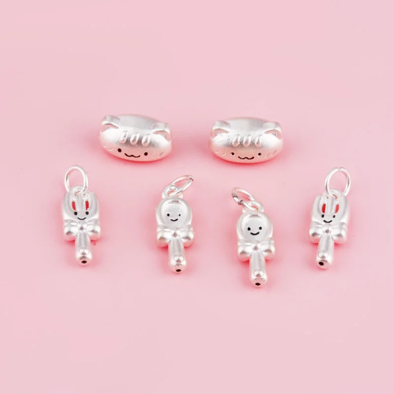 999 pure silver 3D hard silver accessories, cute baguette cat beaded spoon and fork pendant, diy by hand
