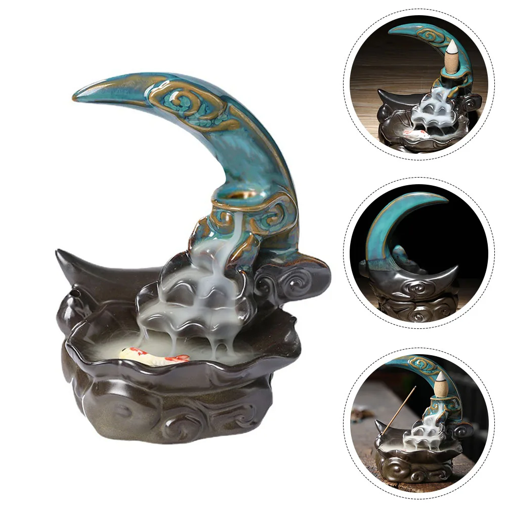 

1 Set Ceramic Moon Backflow Incense Burner Fountain Waterfall Censer Desktop Decor Holder Craft Fragrance Diffuser