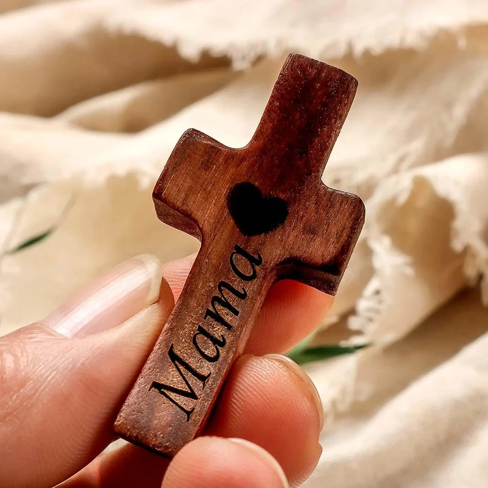 Custom Wooden Pocket Cross, Personalized Name Text Keepsake Ornament, Baptism Party Favor, Customized Celebration Memorial Gift