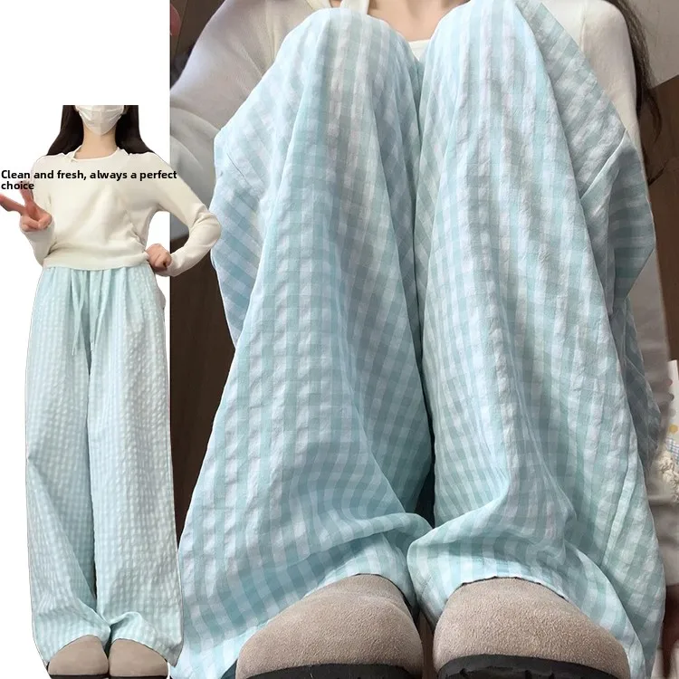 Salted Sea Blue Casual Pants Women's Spring Summer New Sle Slimming Versatile Lazy Wide Leg Pants Sweet Sle High Waist St...